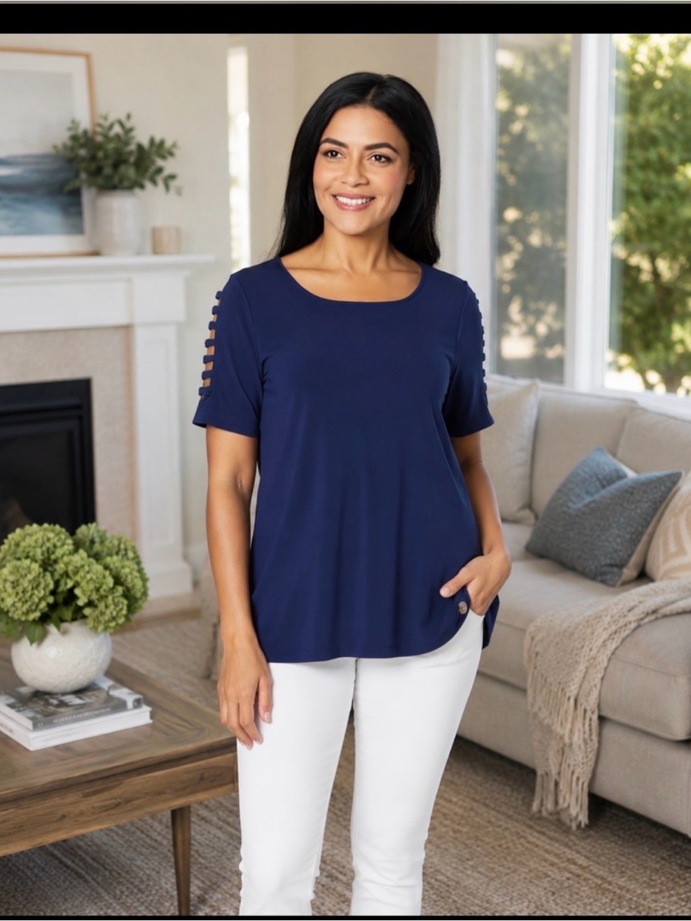 MICHAEL Michael Kors Navy Short-Sleeve Scoop Neck Top with Ladder Sleeve Detail